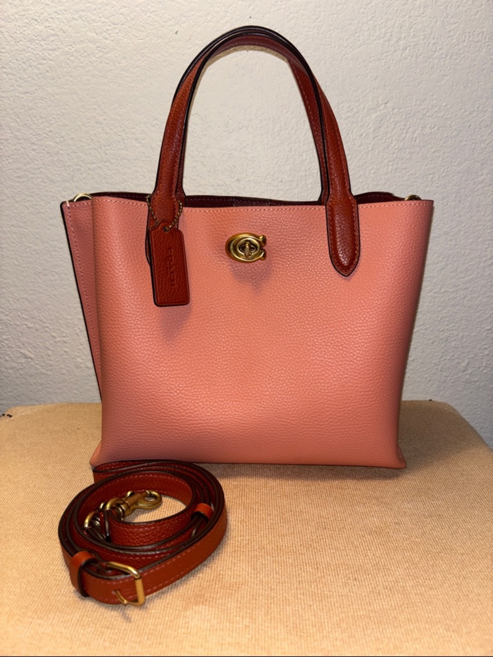 Coach Color-Block Leather Willow Tote 24 in Light Coral Multi